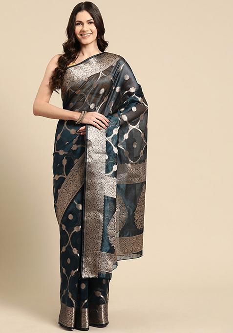 Turquoise Digital Print Organza Silk Saree Set