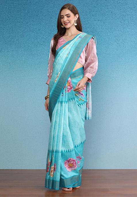 Turquoise Digital Print Tussar Silk Saree Set