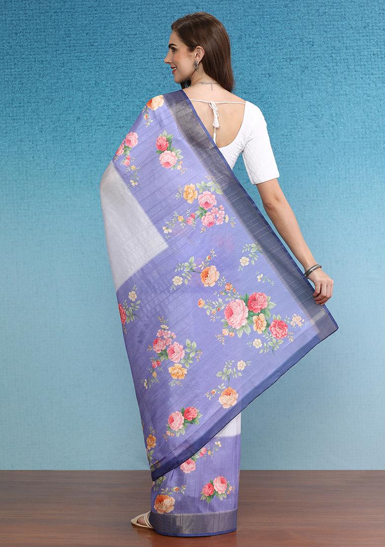 Lavender Digital Print Tussar Silk Saree Set