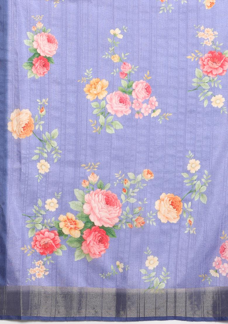 Lavender Digital Print Tussar Silk Saree Set