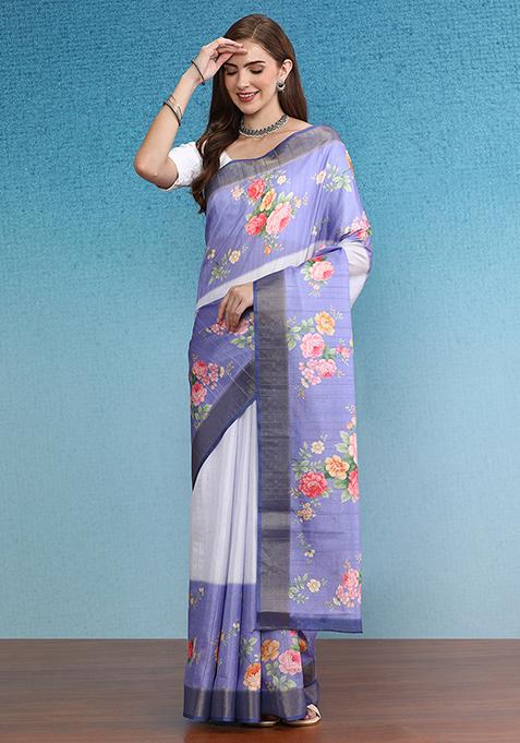 Lavender Digital Print Tussar Silk Saree Set