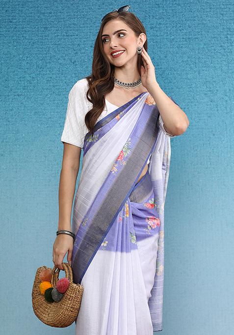 Lavender Digital Print Tussar Silk Saree Set