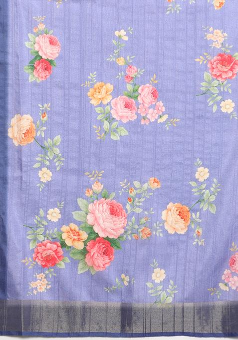 Lavender Digital Print Tussar Silk Saree Set