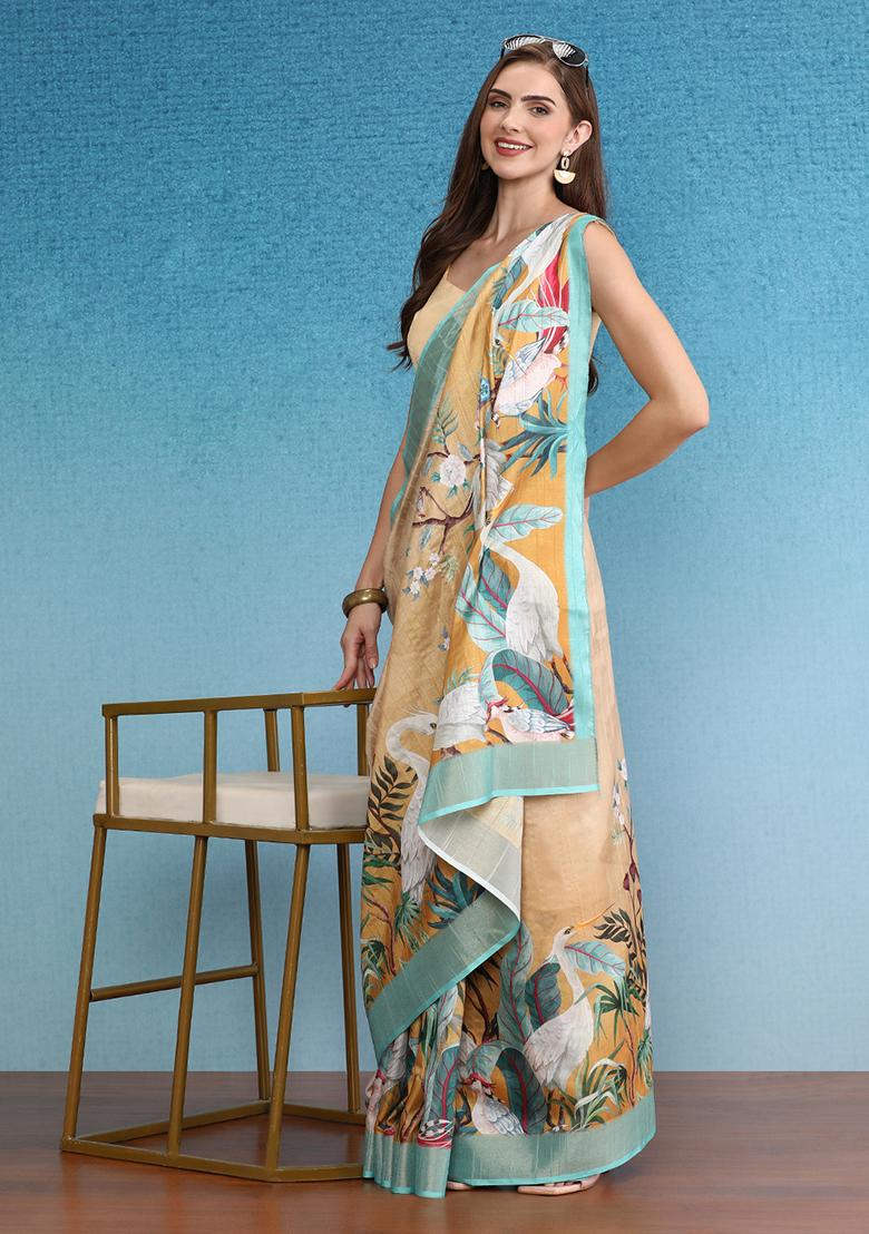 Beige Digital Print Tussar Silk Saree Set - Indya