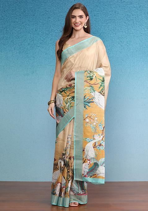 Beige Digital Print Tussar Silk Saree Set