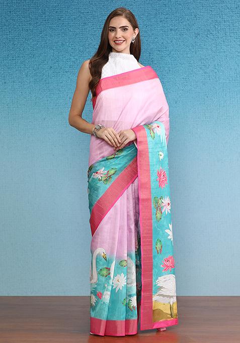 Pink Digital Print Tussar Silk Saree Set