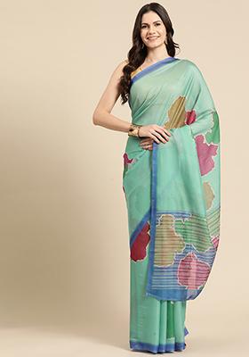 Sea Green Digital Print Soft Silk Saree Set