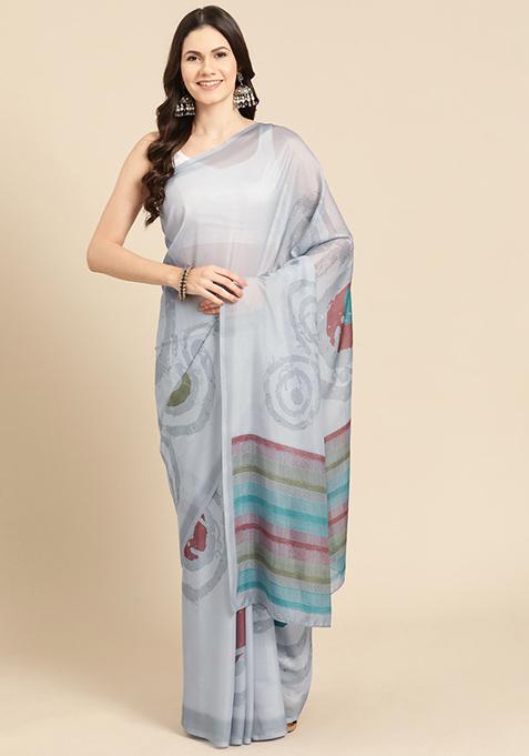 Grey Digital Print Soft Silk Saree Set