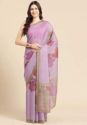 Purple Block Print Soft Silk Saree Set