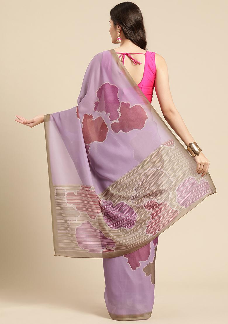 Purple Block Print Soft Silk Saree Set
