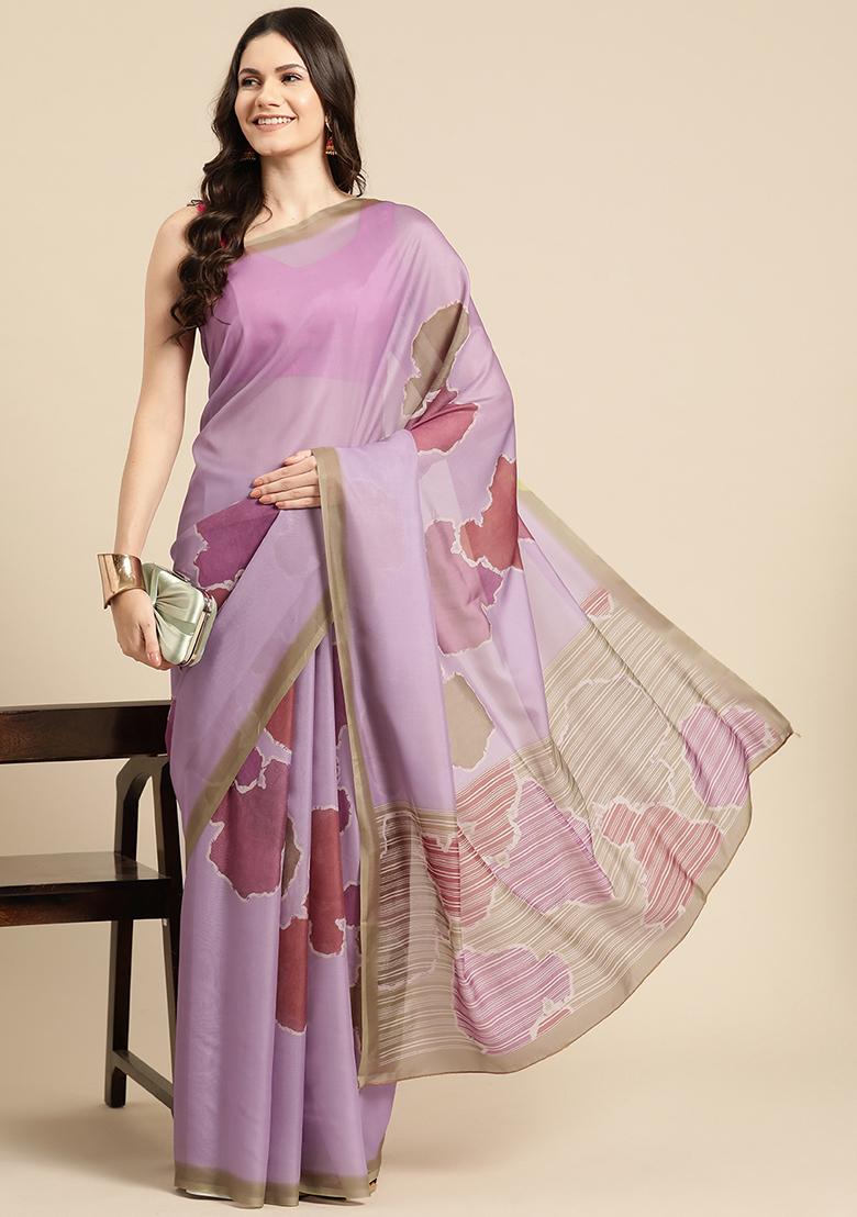 Purple Block Print Soft Silk Saree Set