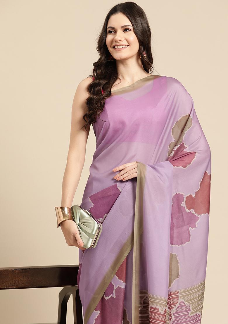 Purple Block Print Soft Silk Saree Set