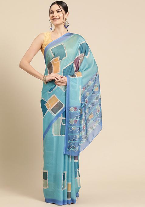 Turquoise Block Print Soft Silk Saree Set