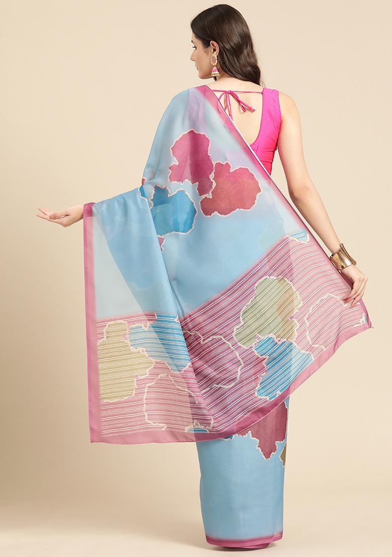 Aqua Block Print Soft Silk Saree Set - Indya