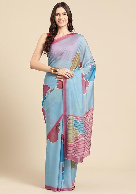 Aqua Block Print Soft Silk Saree Set