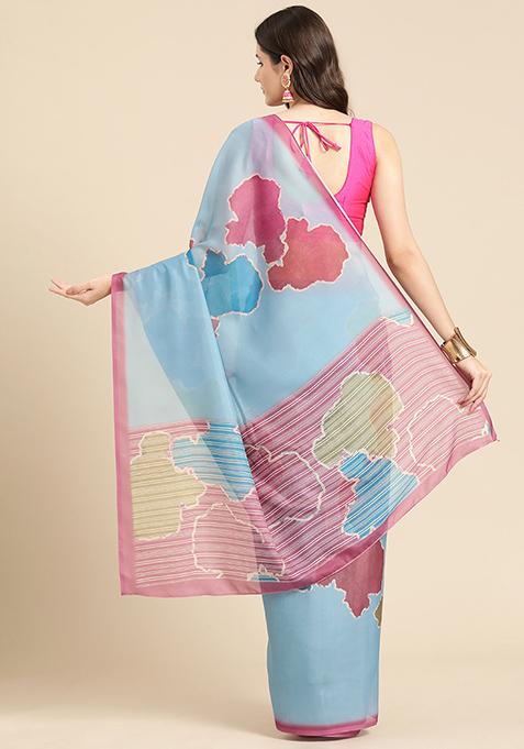 Aqua Block Print Soft Silk Saree Set