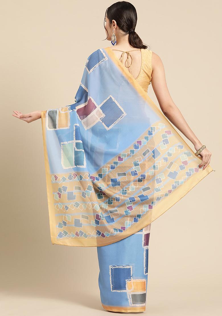 Blue Block Print Soft Silk Saree Set