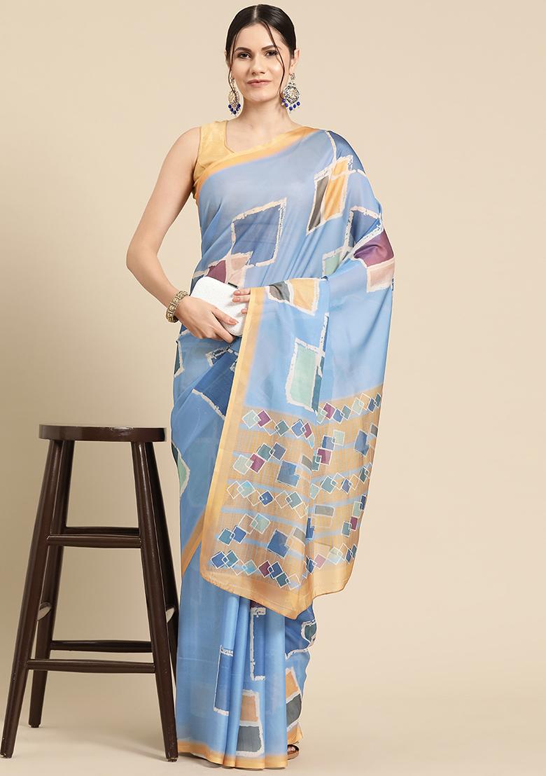 Blue Block Print Soft Silk Saree Set