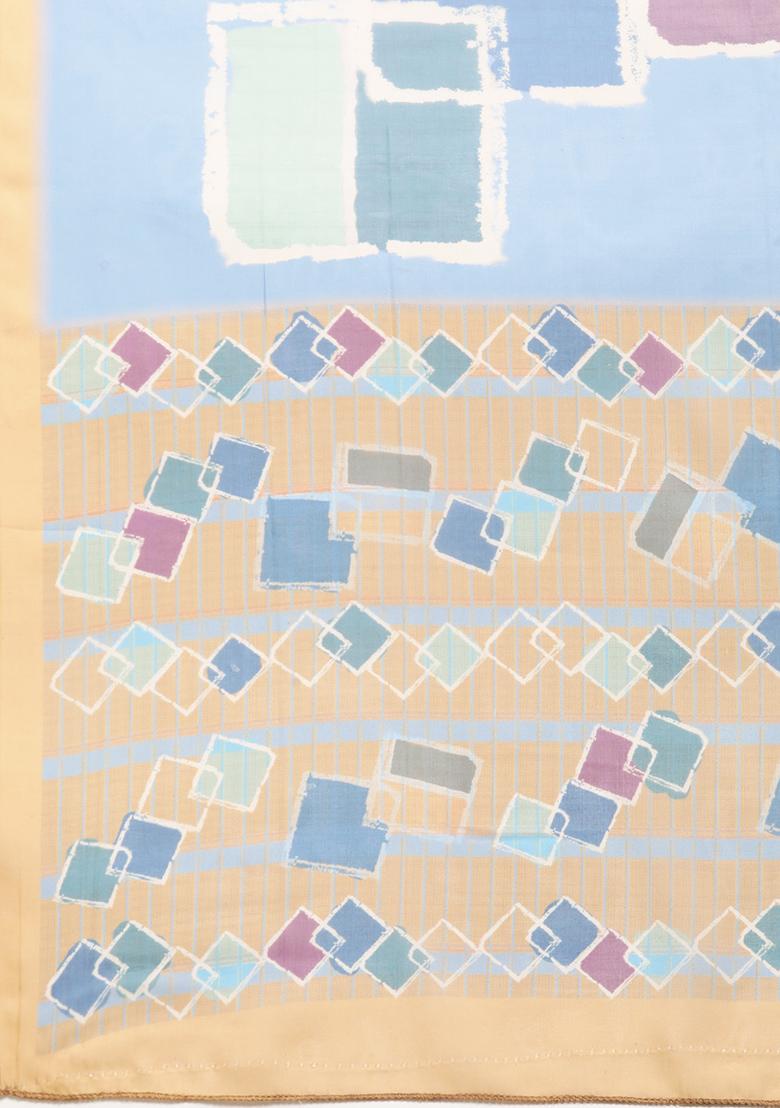 Blue Block Print Soft Silk Saree Set