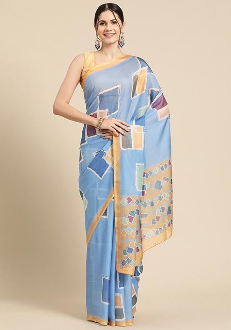 Blue Block Print Soft Silk Saree Set