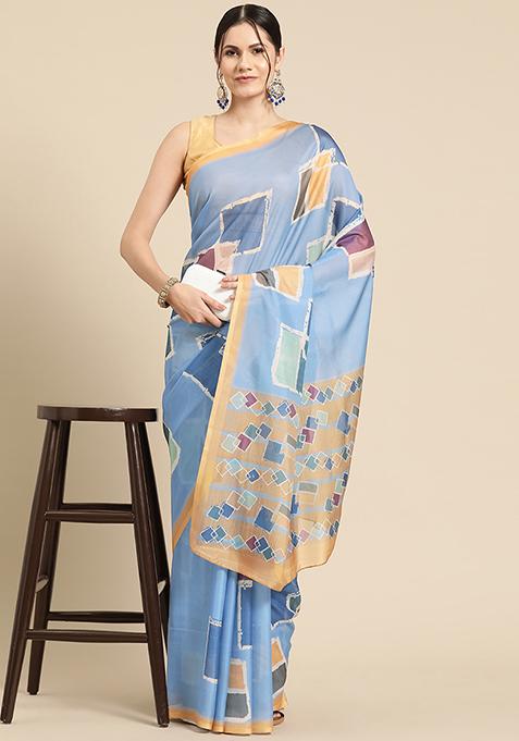 Blue Block Print Soft Silk Saree Set