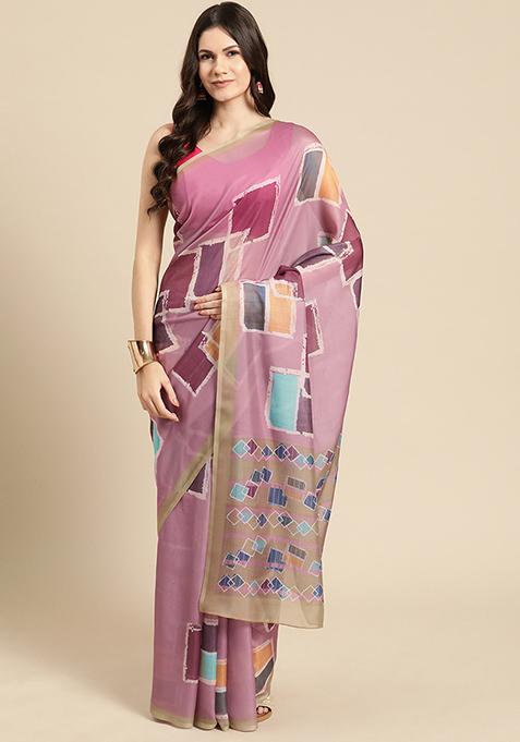 Pink Block Print Soft Silk Saree Set