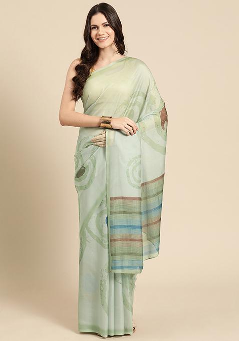 Green Block Print Soft Silk Saree Set