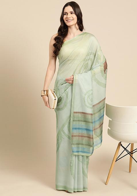 Green Block Print Soft Silk Saree Set