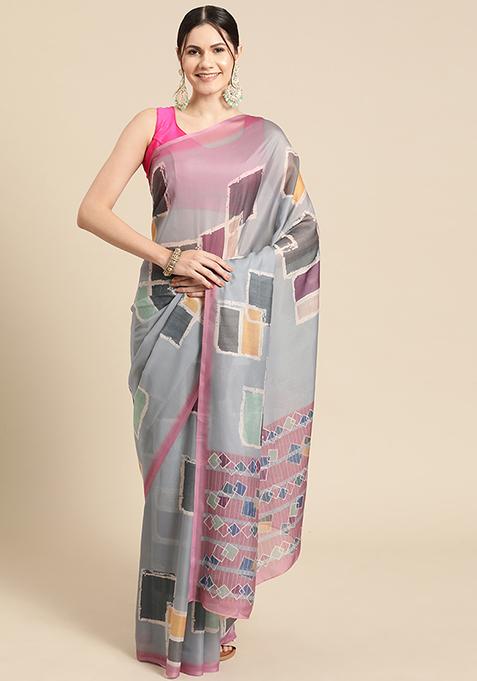 Multicolour Block Print Soft Silk Saree Set