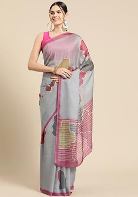 Dark Grey Block Print Soft Silk Saree Set