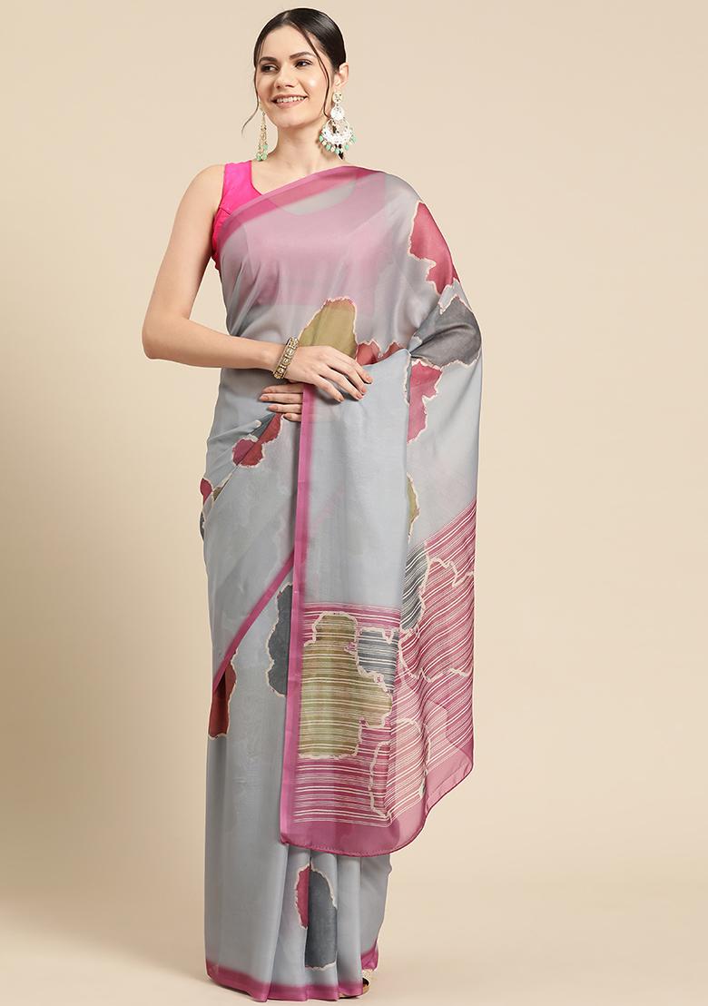 Dark Grey Block Print Soft Silk Saree Set