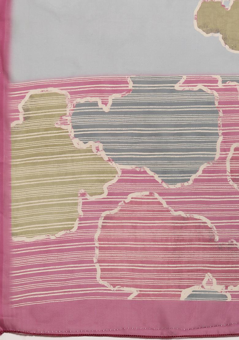 Dark Grey Block Print Soft Silk Saree Set