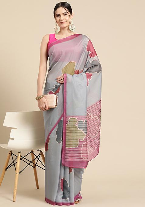 Dark Grey Block Print Soft Silk Saree Set