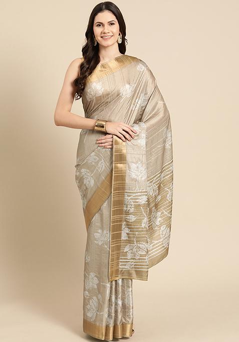 Beige Digital Print Soft Silk Saree Set