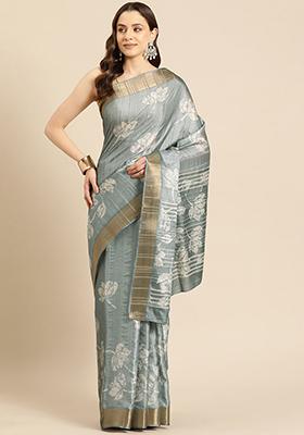 Grey Block Print Soft Silk Saree Set