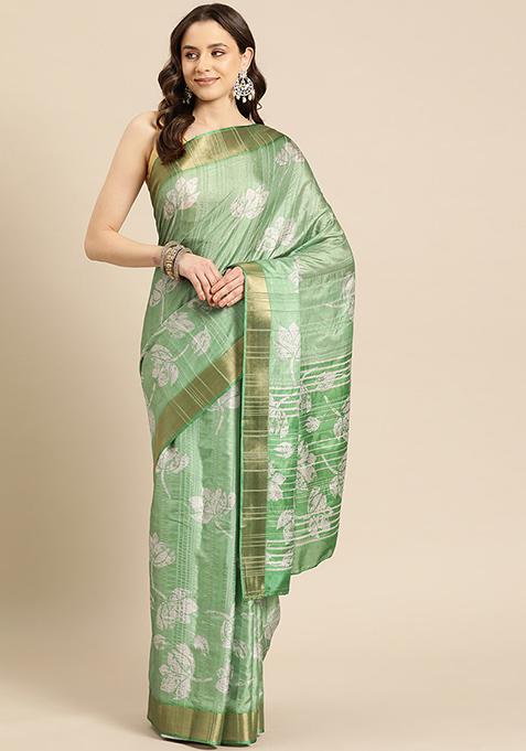 Dark Green Digital Print Soft Silk Saree Set