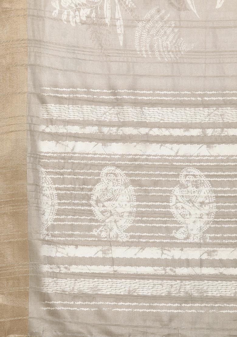 Beige Block Digital Print Soft Silk Saree Set