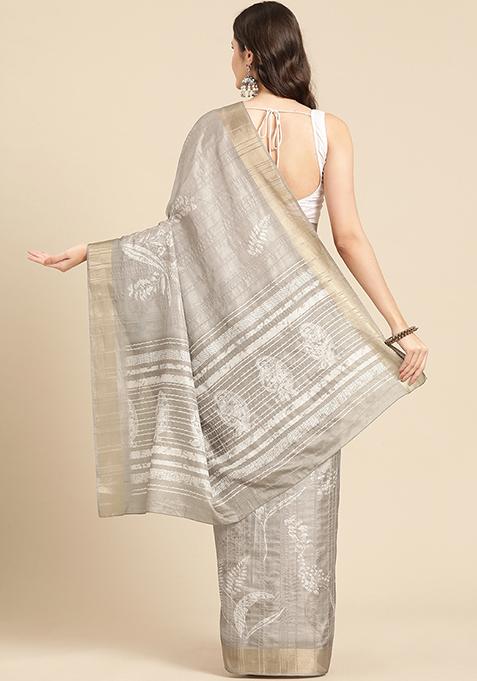 Beige Block Digital Print Soft Silk Saree Set