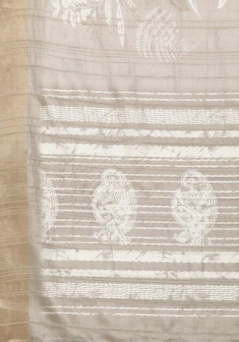 Beige Block Digital Print Soft Silk Saree Set