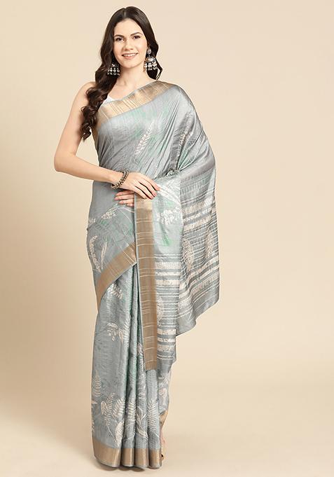 Grey Block Digital Print Soft Silk Saree Set