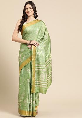 Green Block Digital Print Soft Silk Saree Set