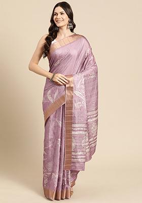 Purple Block Digital Print Soft Silk Saree Set