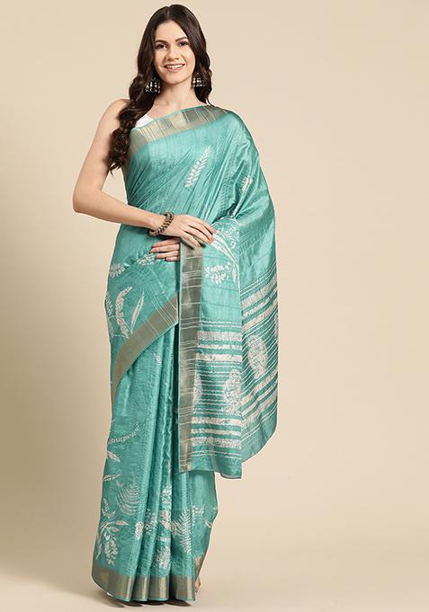 Turquoise Block Digital Print Soft Silk Saree Set