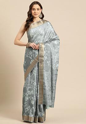 Grey Printed Soft Silk Saree Set