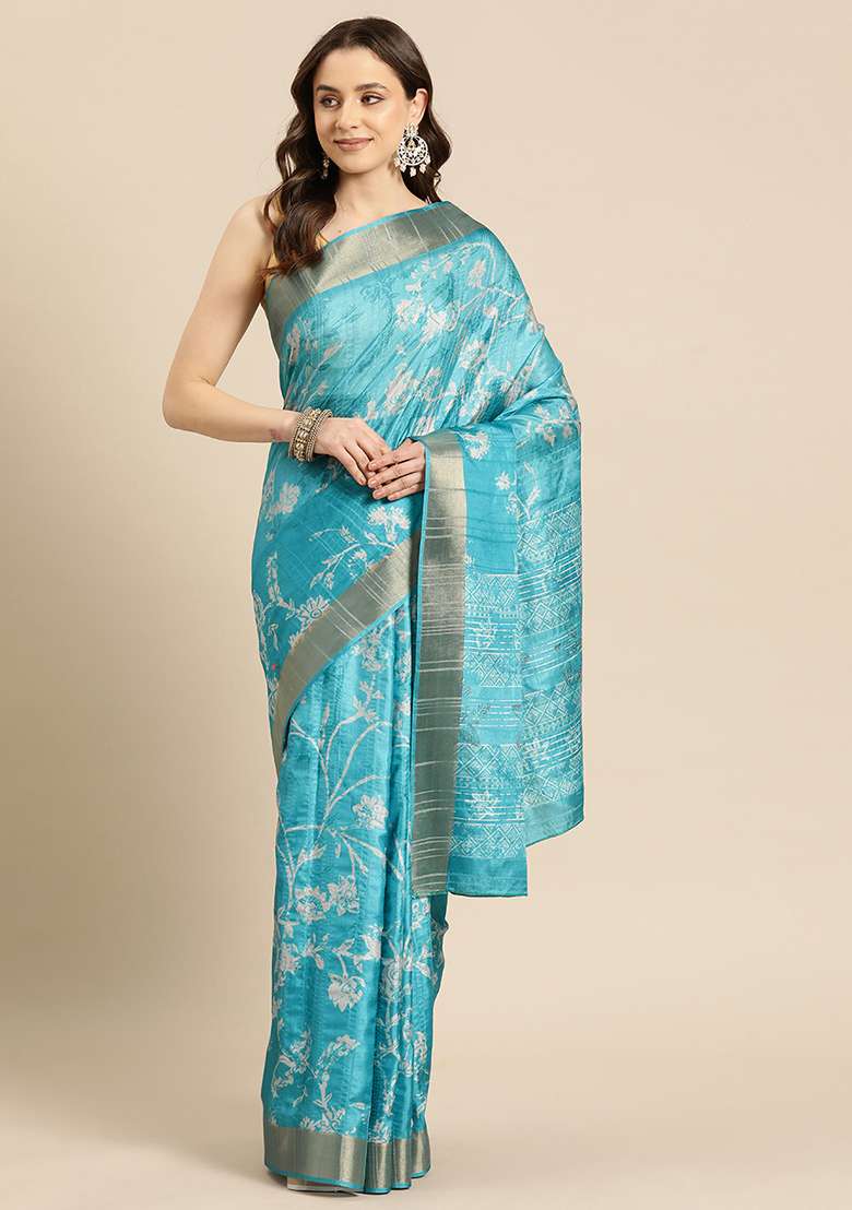 Turquoise Printed Soft Silk Saree Set - Indya