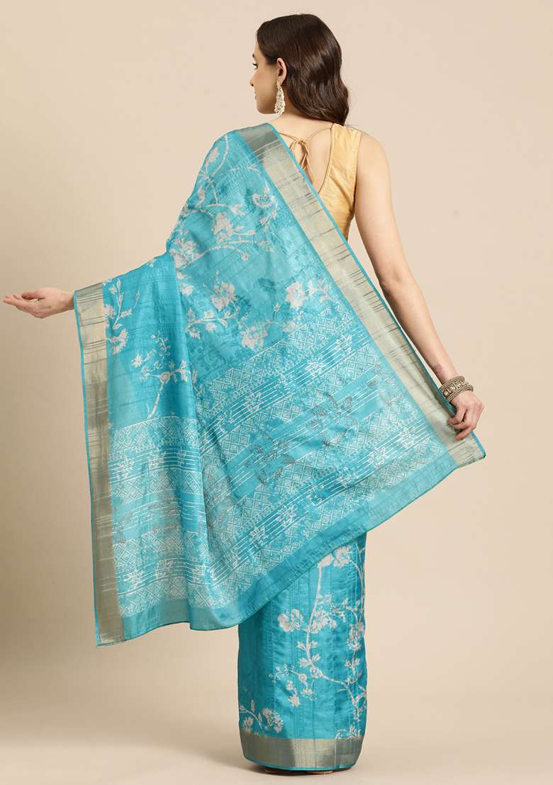 Turquoise Printed Soft Silk Saree Set - Indya