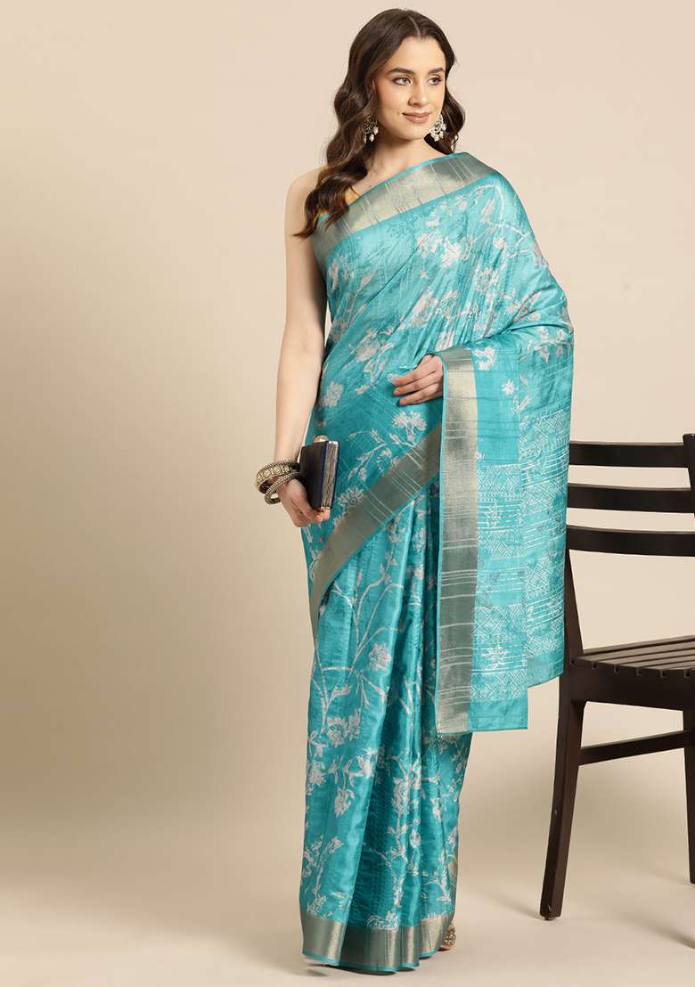 Turquoise Printed Soft Silk Saree Set - Indya