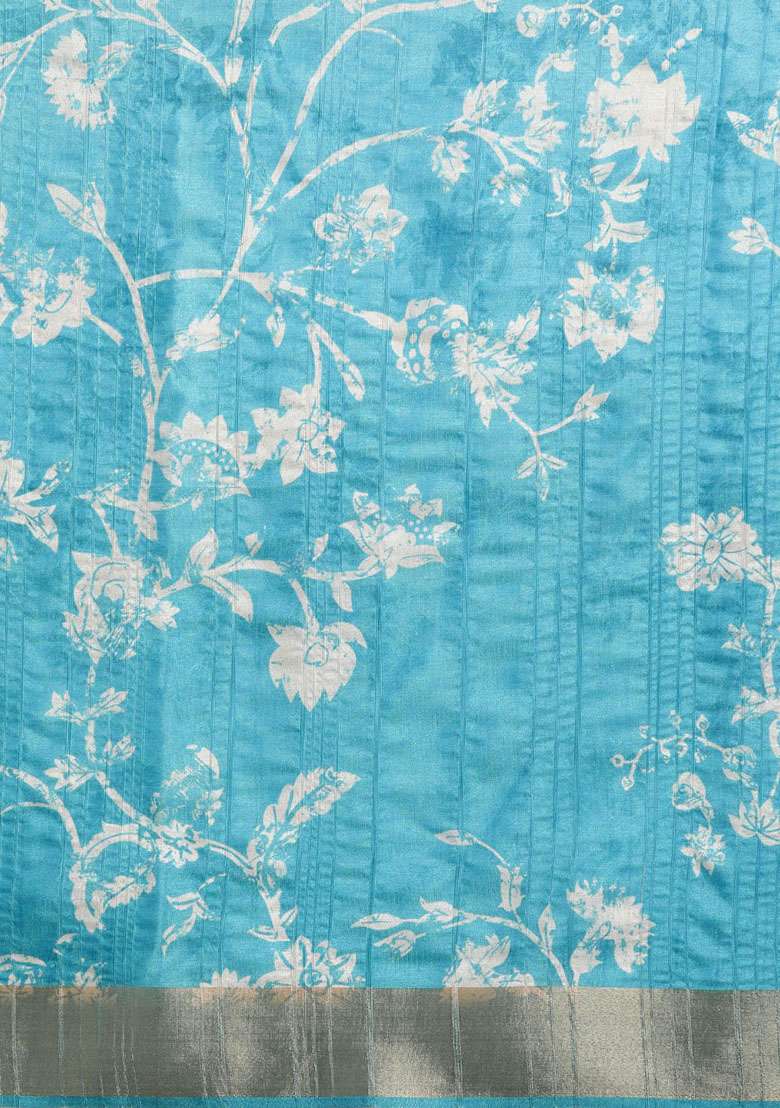Turquoise Printed Soft Silk Saree Set - Indya