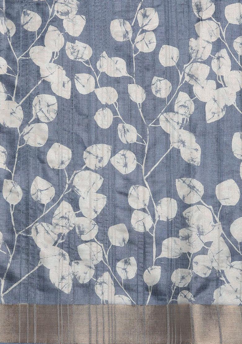 Blue Floral Print Soft Silk Saree Set