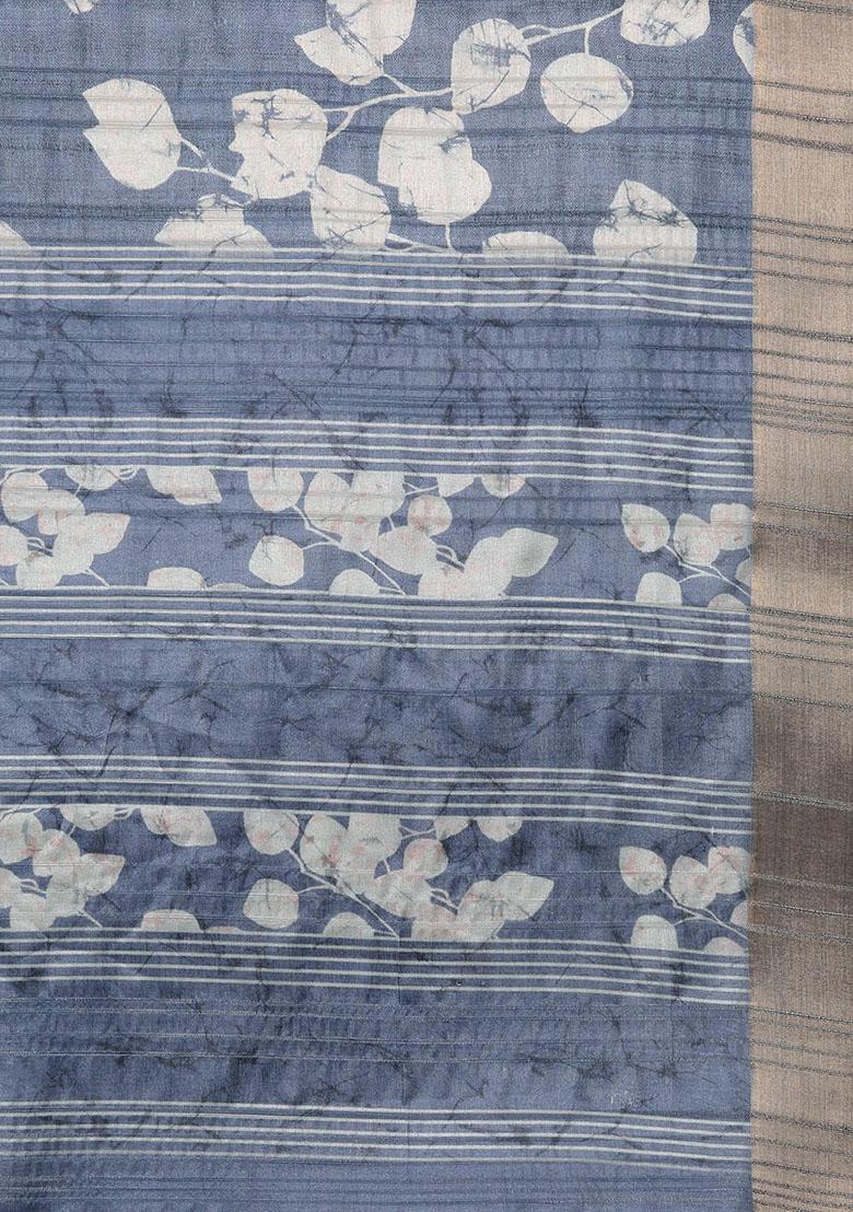 Blue Floral Print Soft Silk Saree Set